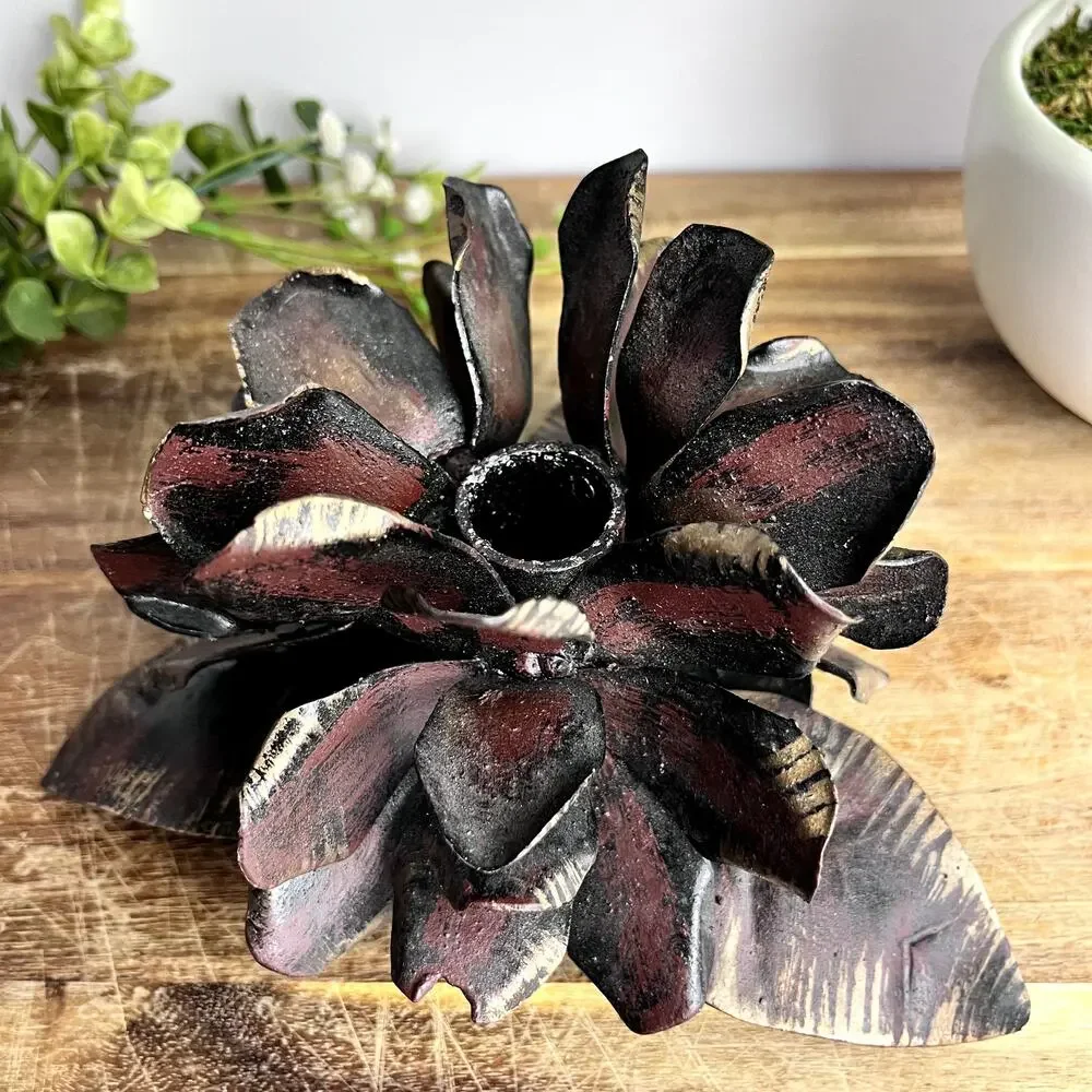 Rustic Metal Blooming Flower Pinecone Candle Holder Sculpture Handmade Weathered